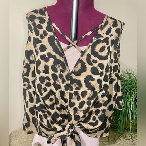SHEIN Leopard Print Tie-Front Cropped Top w/crisscross strap and v neck size 1XL
